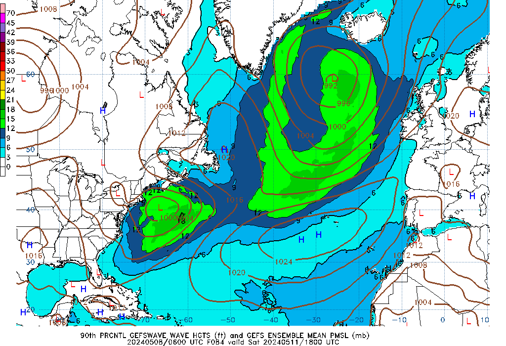 GEFSWAVE 084 Hour Wave Height  90th Percentile image
