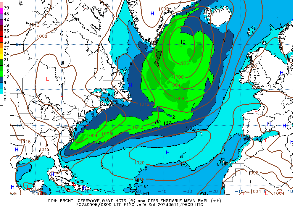 GEFSWAVE 120 Hour Wave Height  90th Percentile image