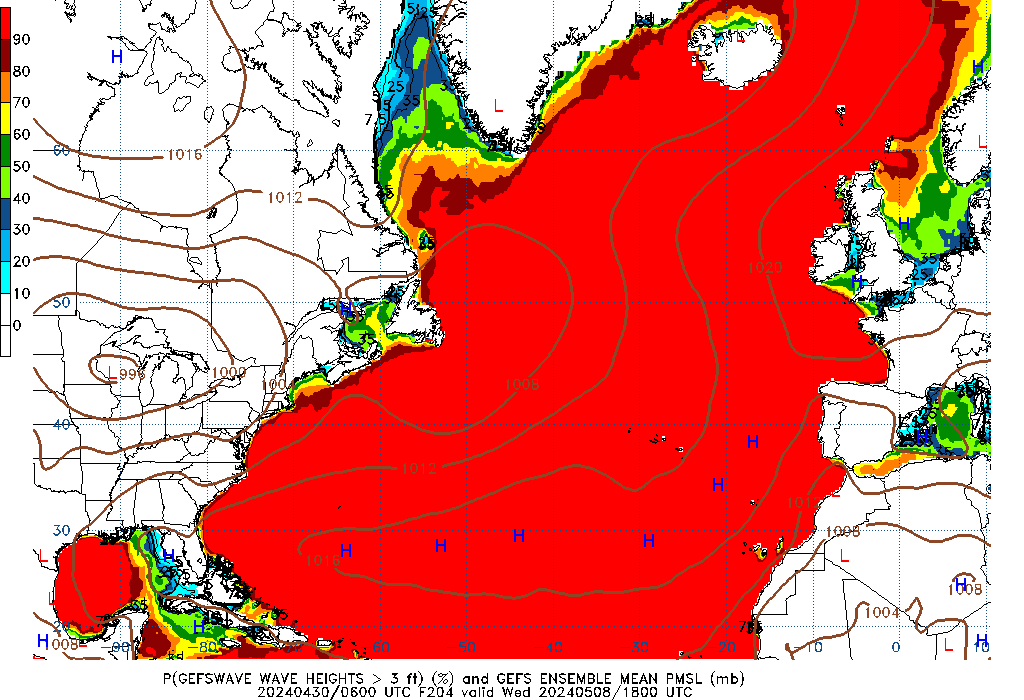 GEFSWAVE 204 Hour Wave Height greater than 3ft image