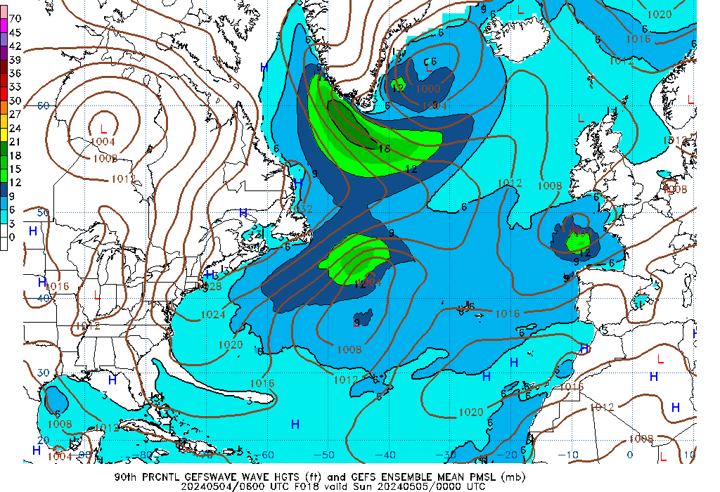GEFSWAVE 018 Hour Wave Height  90th Percentile image