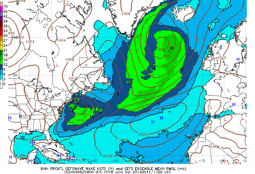GEFSWAVE 078 Hour Wave Height  90th Percentile image