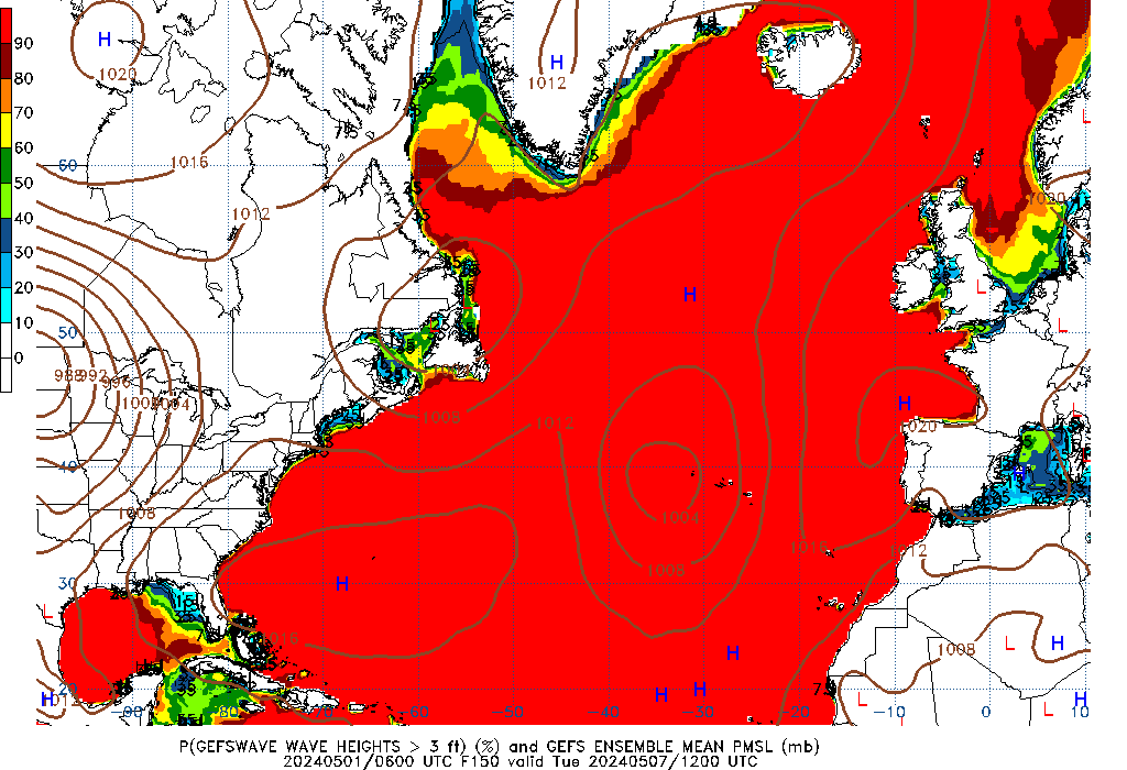 GEFSWAVE 150 Hour Wave Height greater than 3ft image