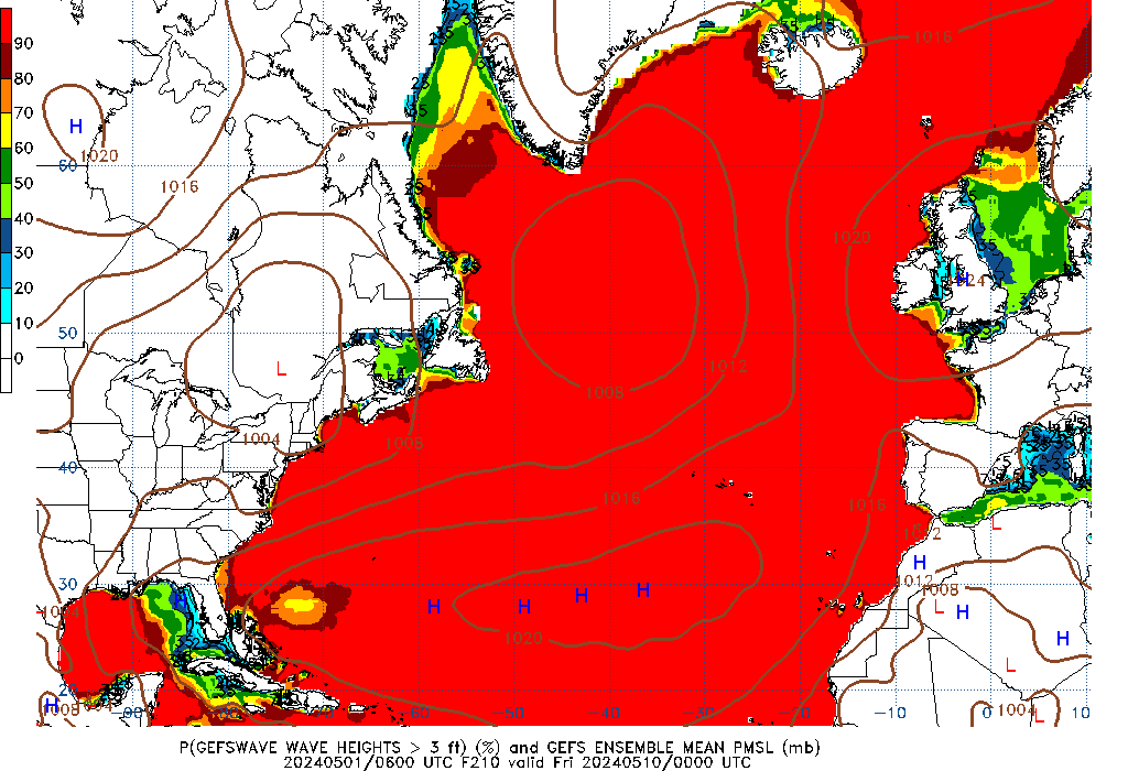 GEFSWAVE 210 Hour Wave Height greater than 3ft image