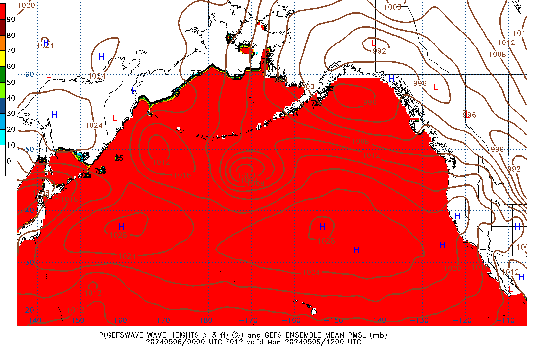 GEFSWAVE 012 Hour Wave Height greater than 3ft image