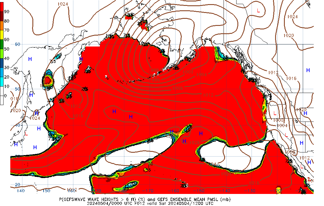 GEFSWAVE 012 Hour Wave Height greater than 6ft image