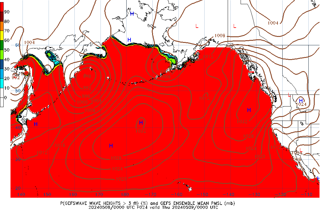 GEFSWAVE 024 Hour Wave Height greater than 3ft image