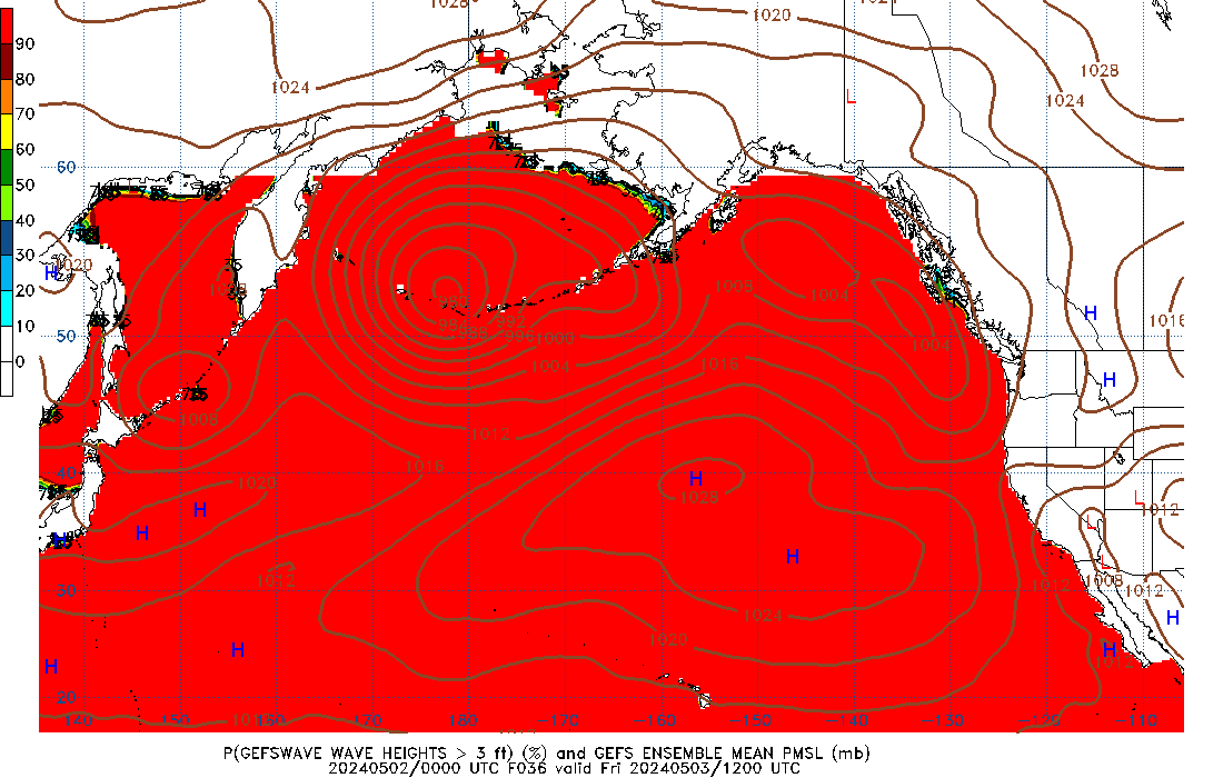 GEFSWAVE 036 Hour Wave Height greater than 3ft image