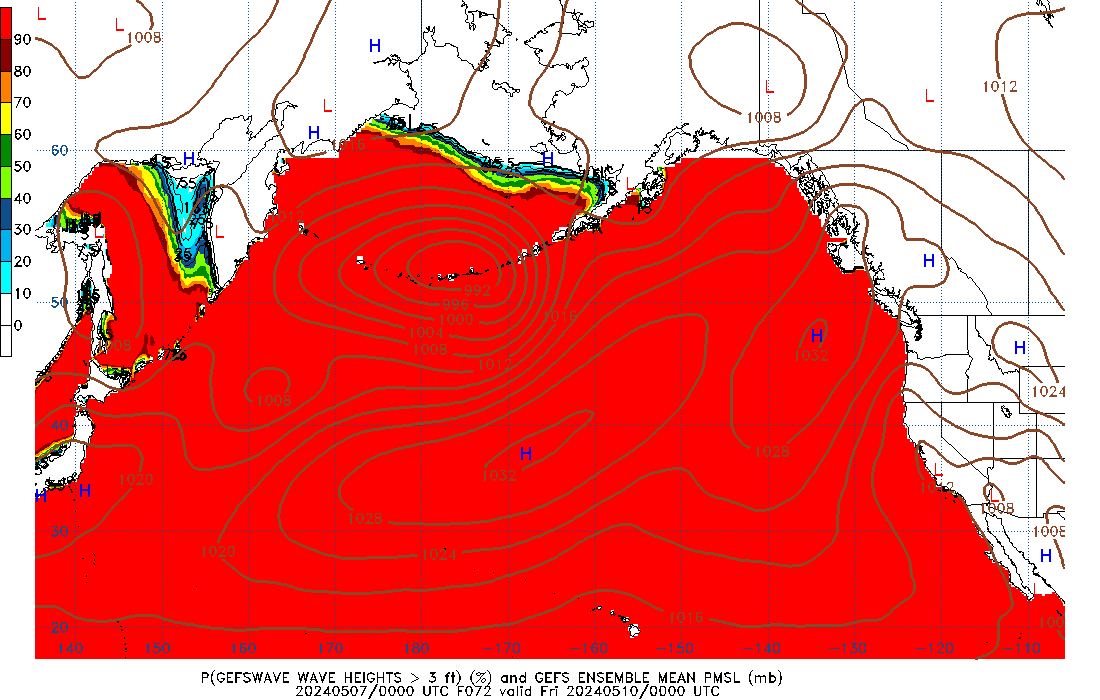 GEFSWAVE 072 Hour Wave Height greater than 3ft image