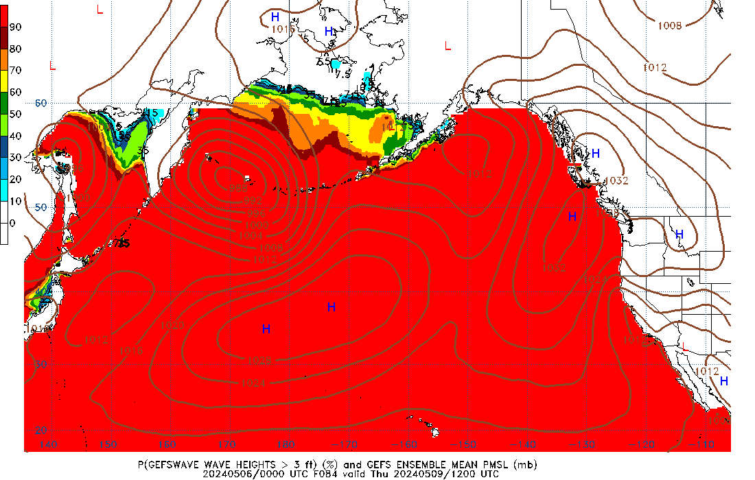 GEFSWAVE 084 Hour Wave Height greater than 3ft image