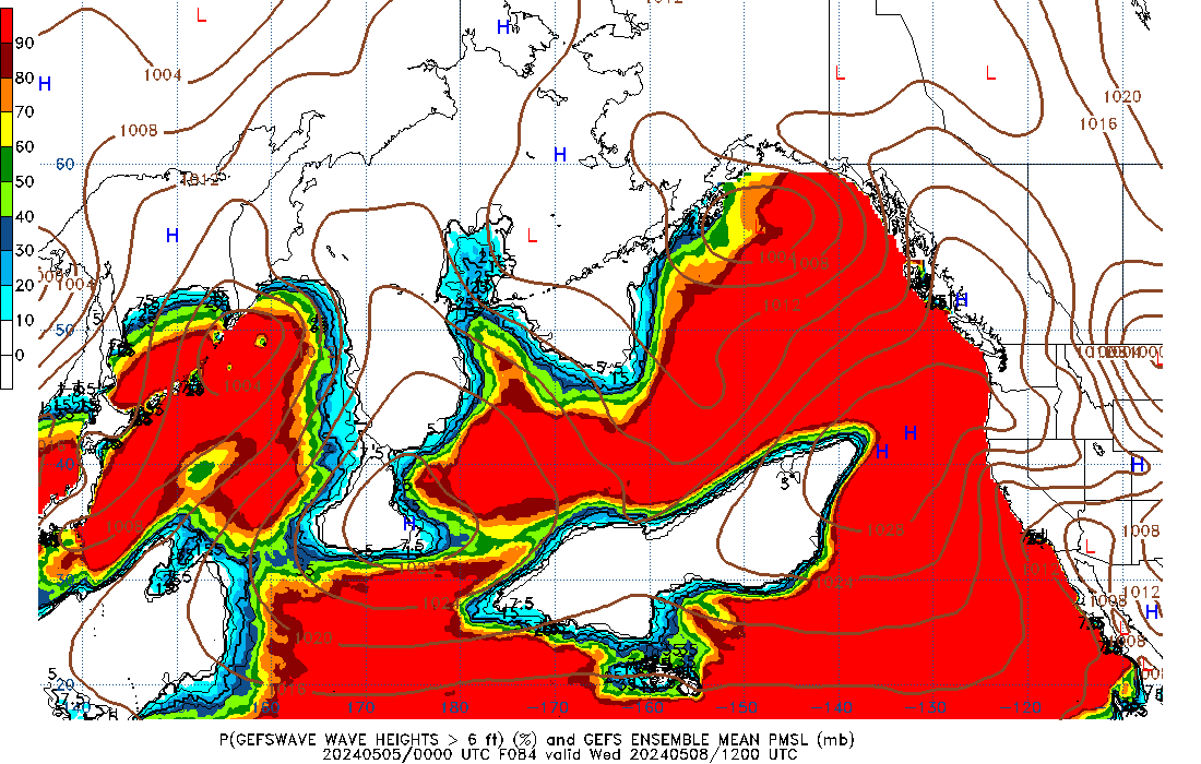 GEFSWAVE 084 Hour Wave Height greater than 6ft image