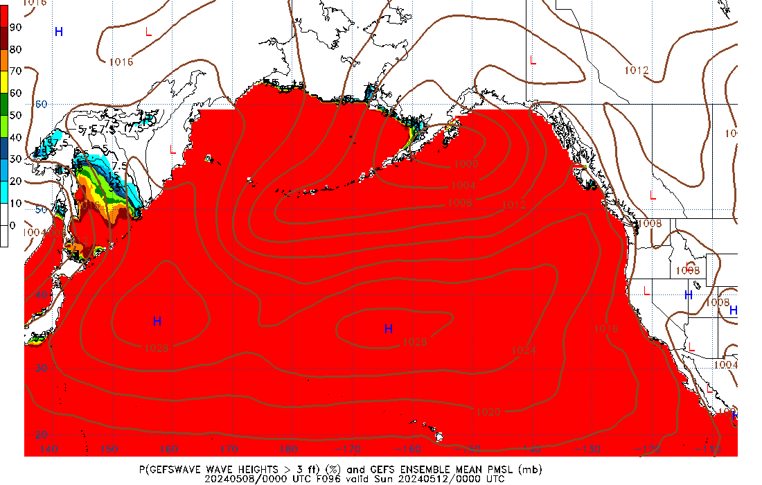 GEFSWAVE 096 Hour Wave Height greater than 3ft image