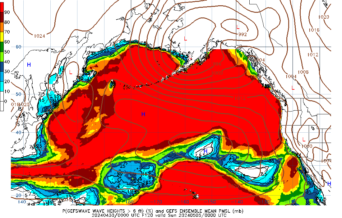 GEFSWAVE 120 Hour Wave Height greater than 6ft image