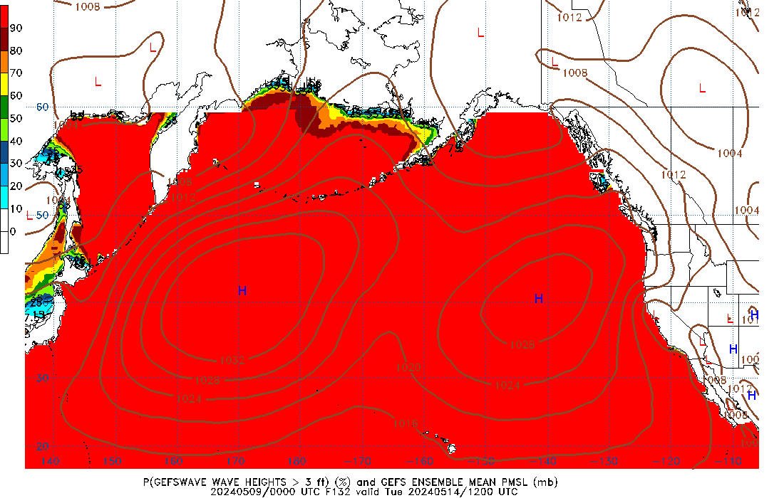 GEFSWAVE 132 Hour Wave Height greater than 3ft image