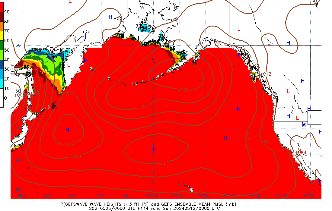 GEFSWAVE 144 Hour Wave Height greater than 3ft image