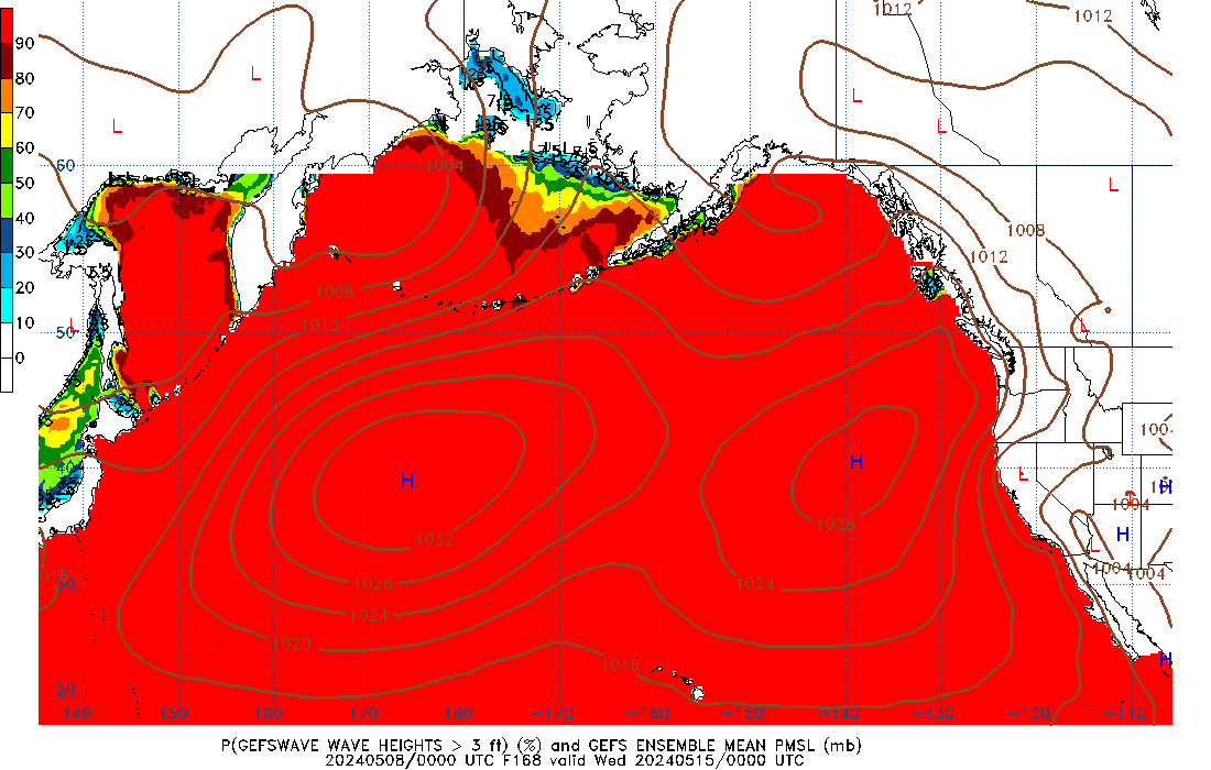 GEFSWAVE 168 Hour Wave Height greater than 3ft image