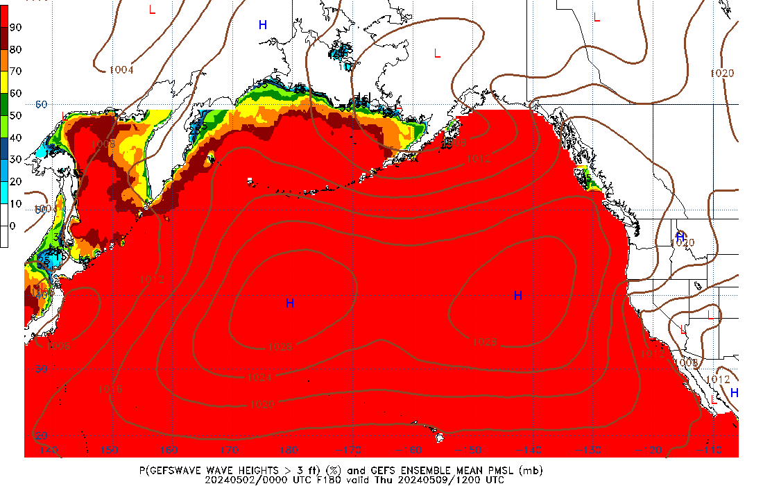GEFSWAVE 180 Hour Wave Height greater than 3ft image