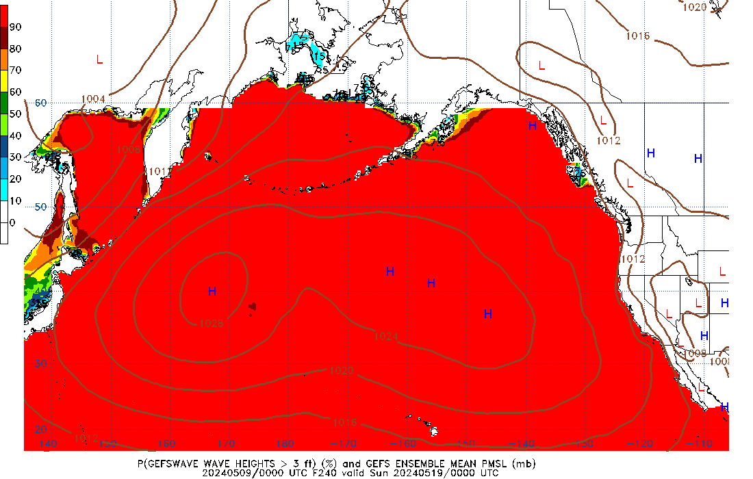 GEFSWAVE 240 Hour Wave Height greater than 3ft image