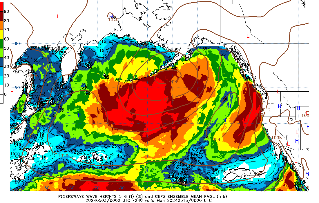 GEFSWAVE 240 Hour Wave Height greater than 6ft image