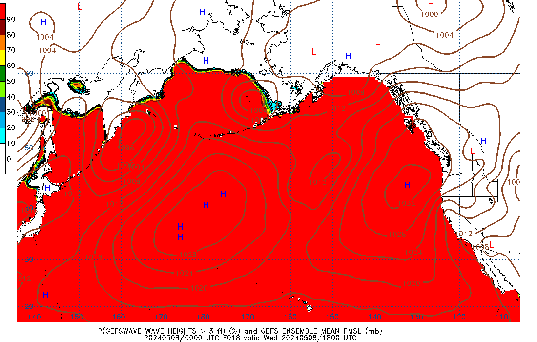 GEFSWAVE 018 Hour Wave Height greater than 3ft image