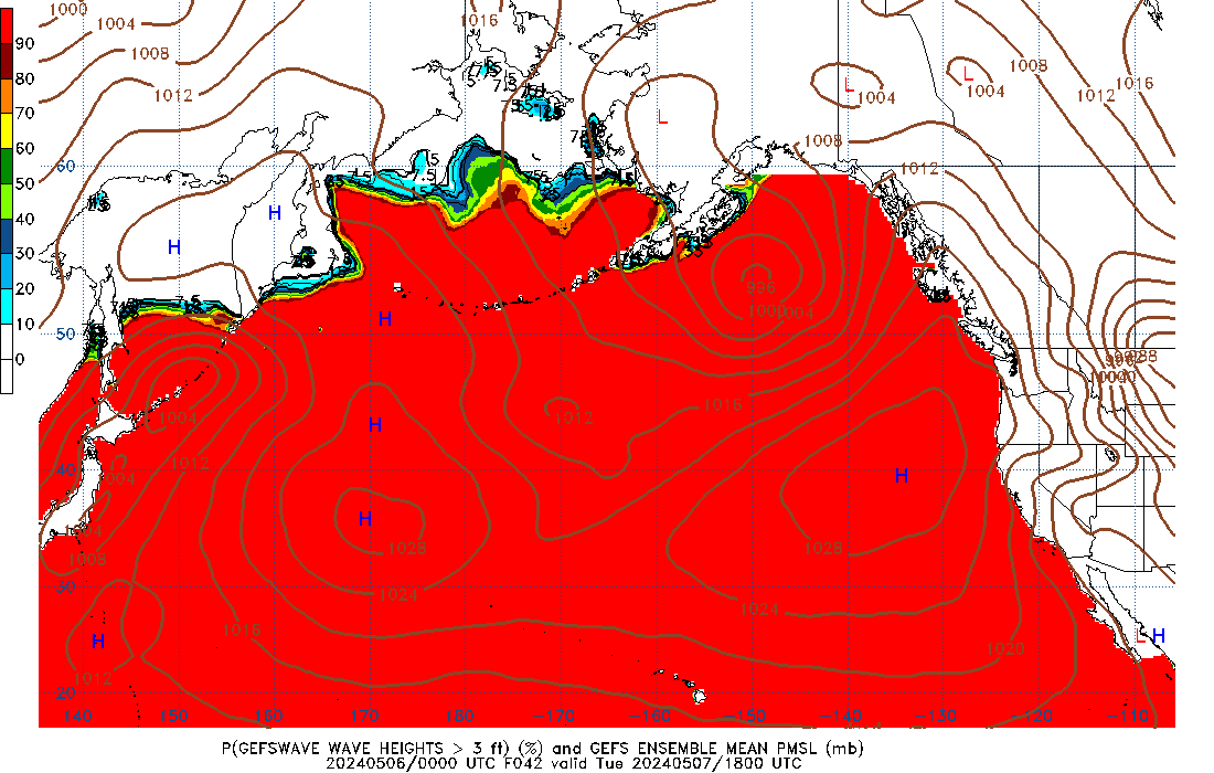 GEFSWAVE 042 Hour Wave Height greater than 3ft image