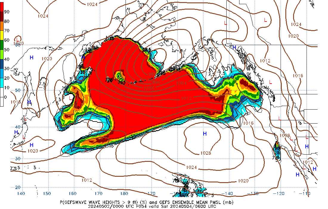 GEFSWAVE 054 Hour Wave Height greater than 9ft image