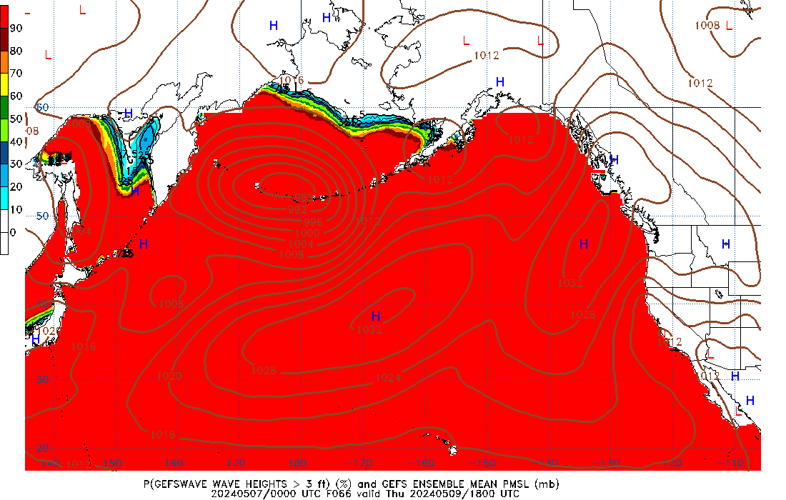 GEFSWAVE 066 Hour Wave Height greater than 3ft image