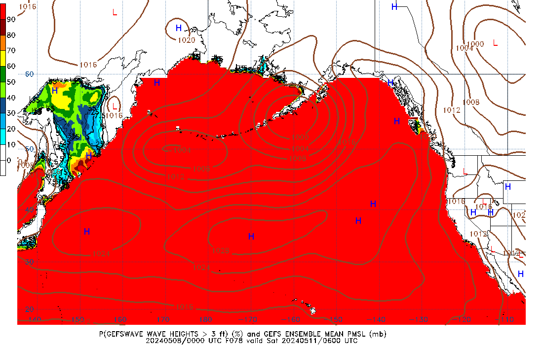 GEFSWAVE 078 Hour Wave Height greater than 3ft image