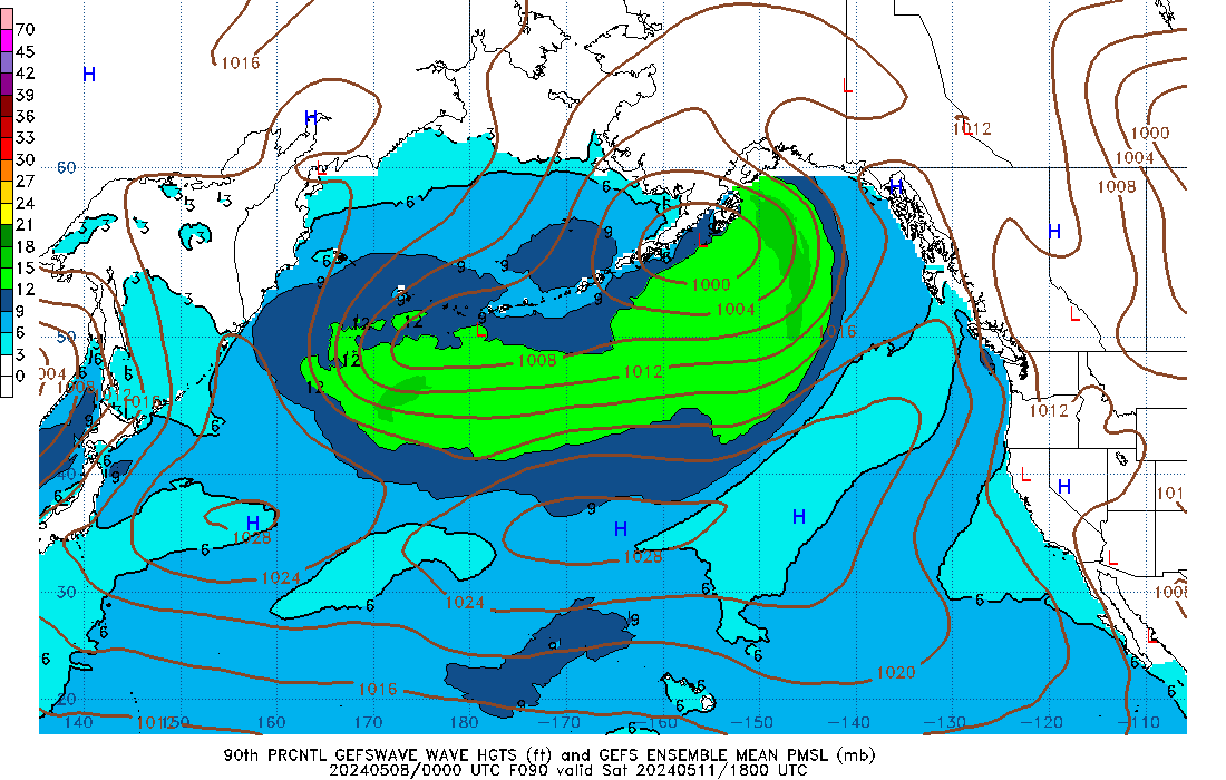 GEFSWAVE 090 Hour Wave Height  90th Percentile image