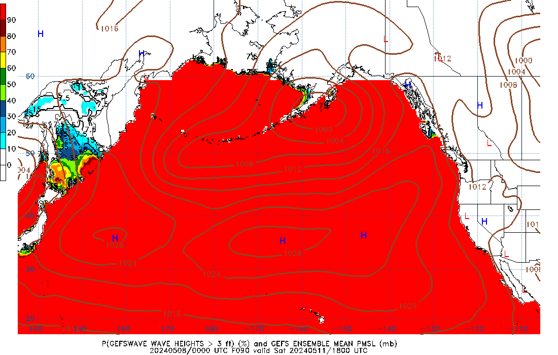GEFSWAVE 090 Hour Wave Height greater than 3ft image