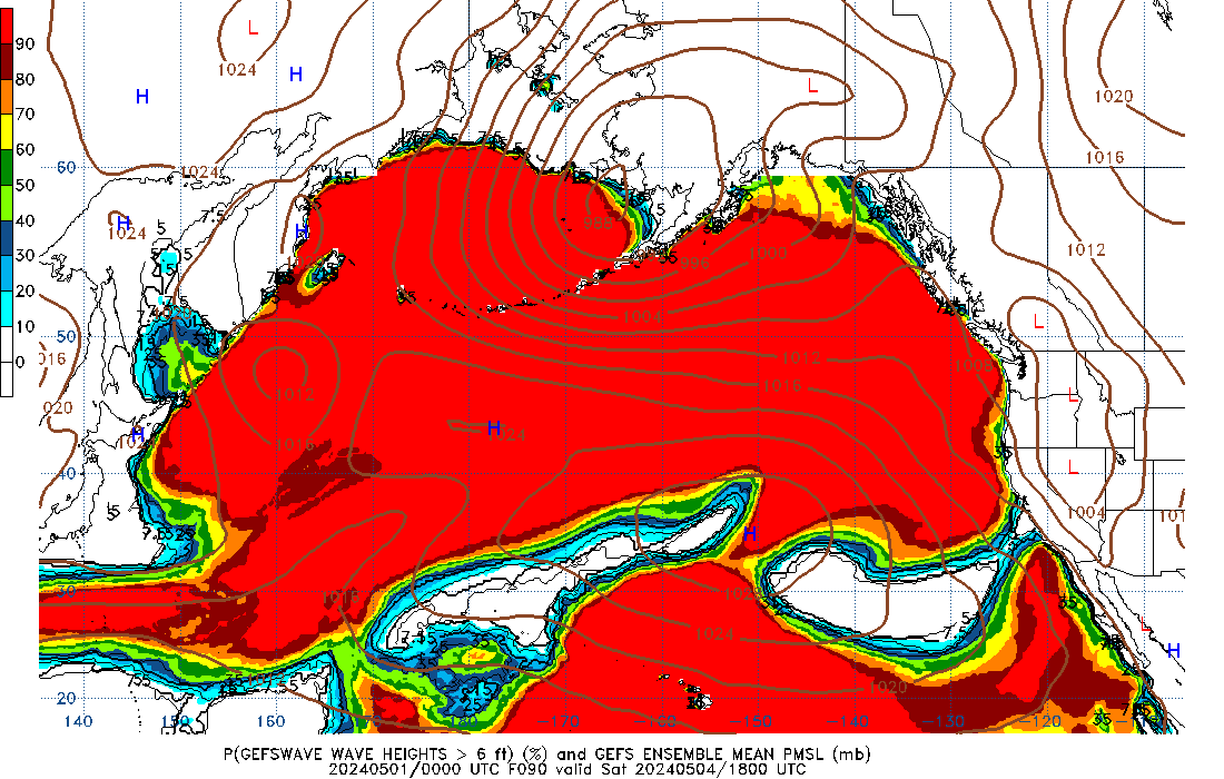 GEFSWAVE 090 Hour Wave Height greater than 6ft image