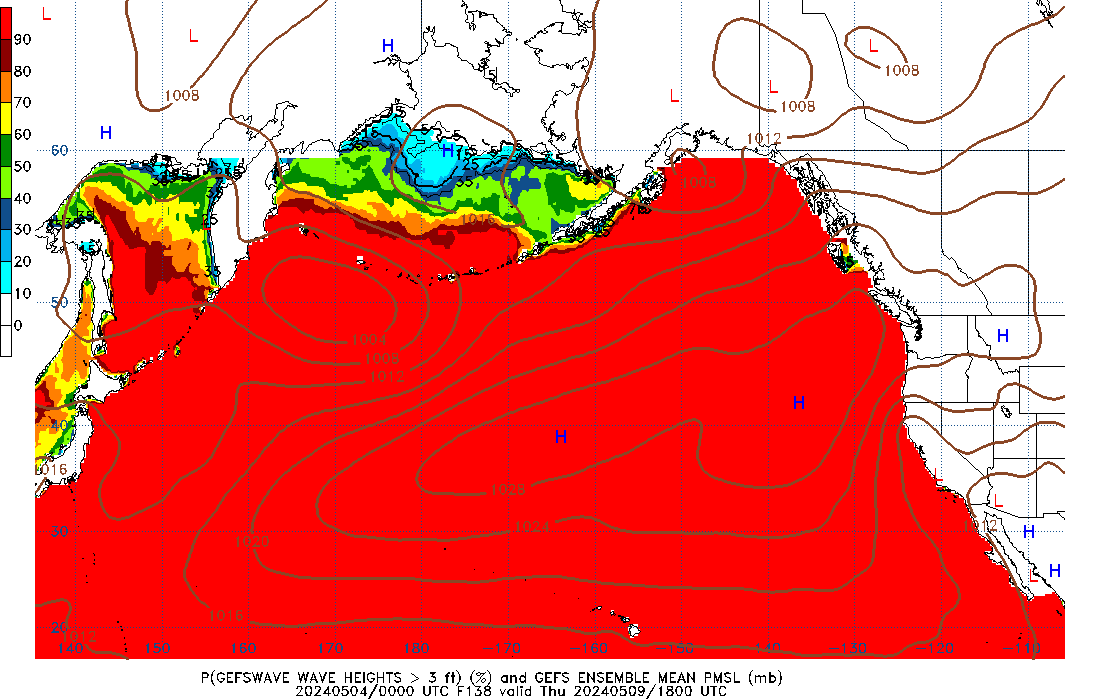 GEFSWAVE 138 Hour Wave Height greater than 3ft image
