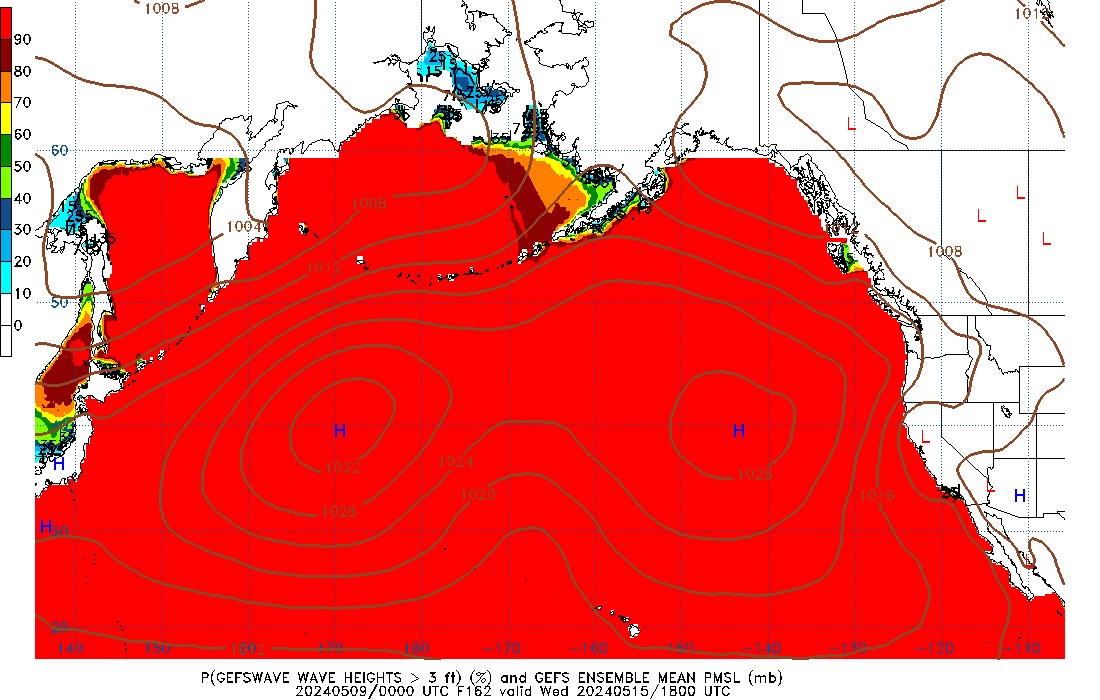 GEFSWAVE 162 Hour Wave Height greater than 3ft image