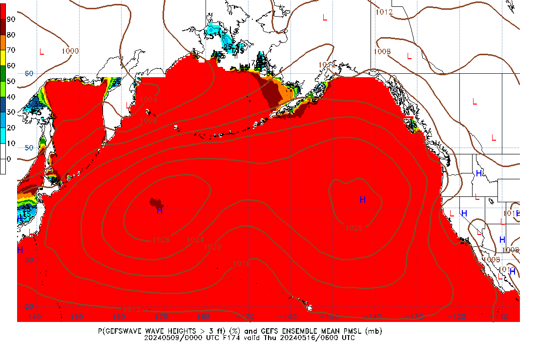GEFSWAVE 174 Hour Wave Height greater than 3ft image