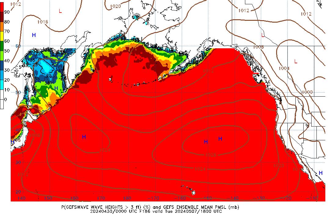 GEFSWAVE 186 Hour Wave Height greater than 3ft image