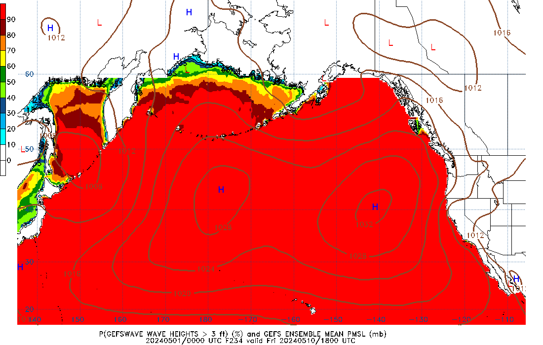 GEFSWAVE 234 Hour Wave Height greater than 3ft image
