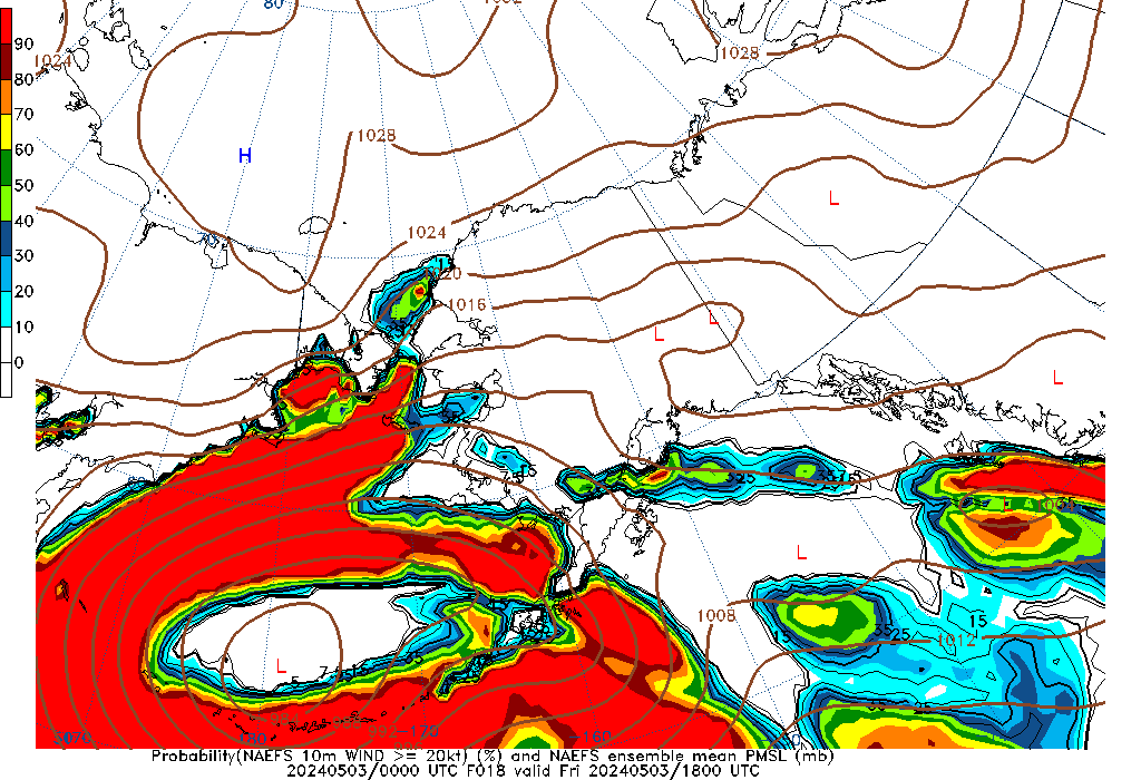 NAEFS 018 Hour Prob 10m Wind >= 20kt image