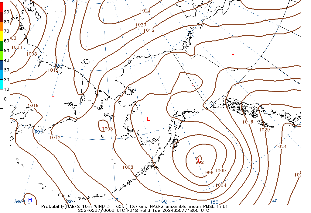 NAEFS 018 Hour Prob 10m Wind >= 60kt image