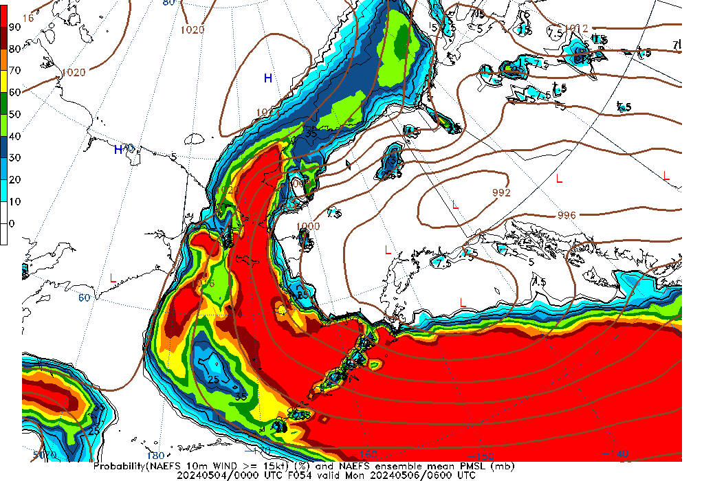 NAEFS 054 Hour Prob 10m Wind >= 15kt image