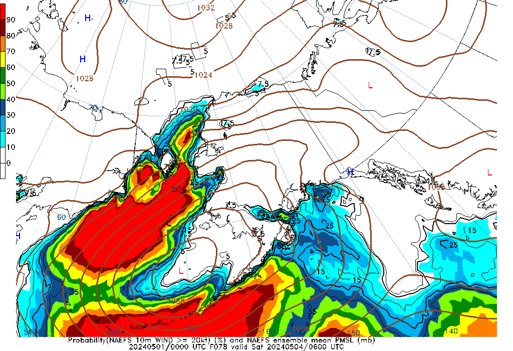 NAEFS 078 Hour Prob 10m Wind >= 20kt image