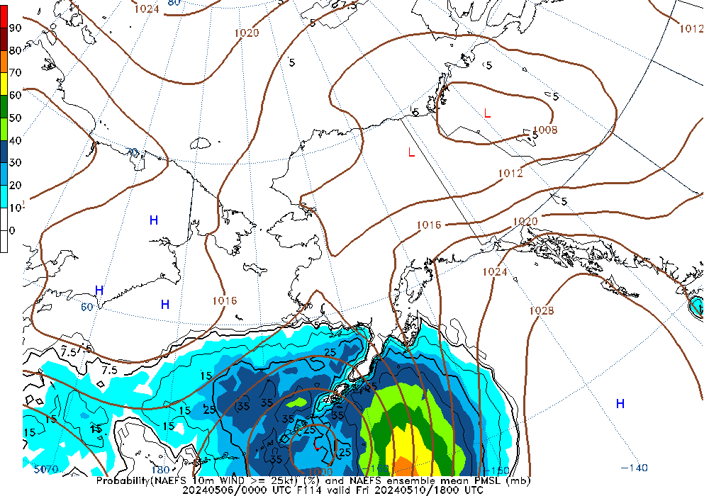 NAEFS 114 Hour Prob 10m Wind >= 25kt image
