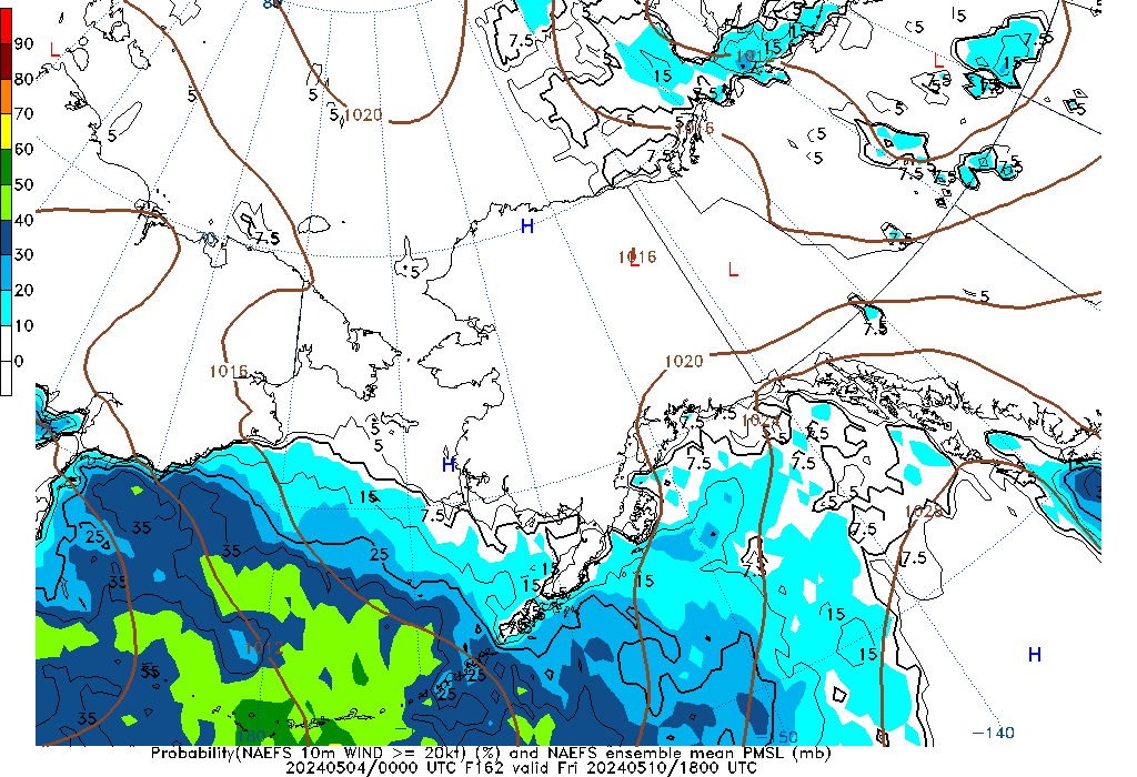 NAEFS 162 Hour Prob 10m Wind >= 20kt image