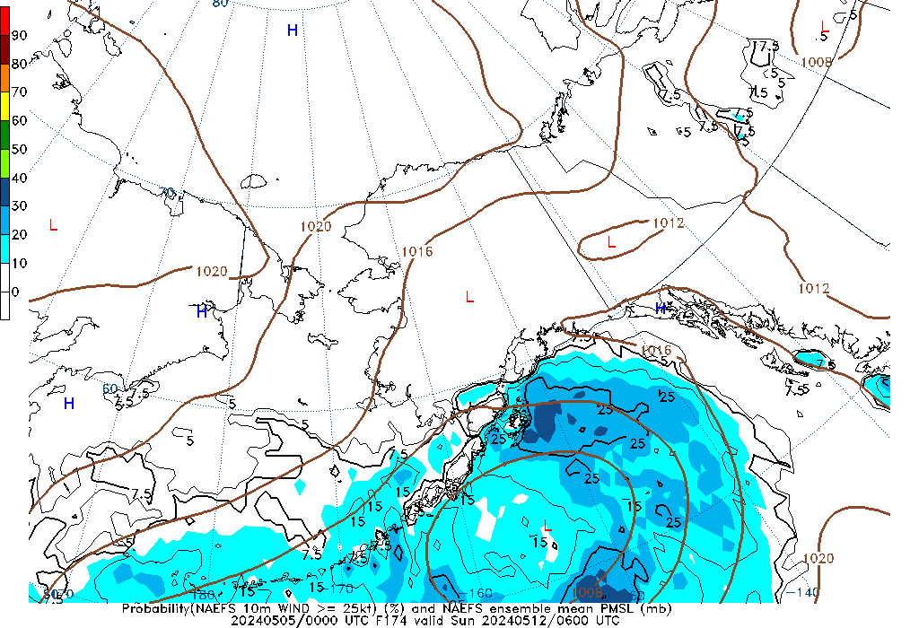 NAEFS 174 Hour Prob 10m Wind >= 25kt image