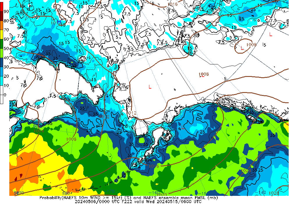 NAEFS 222 Hour Prob 10m Wind >= 15kt image
