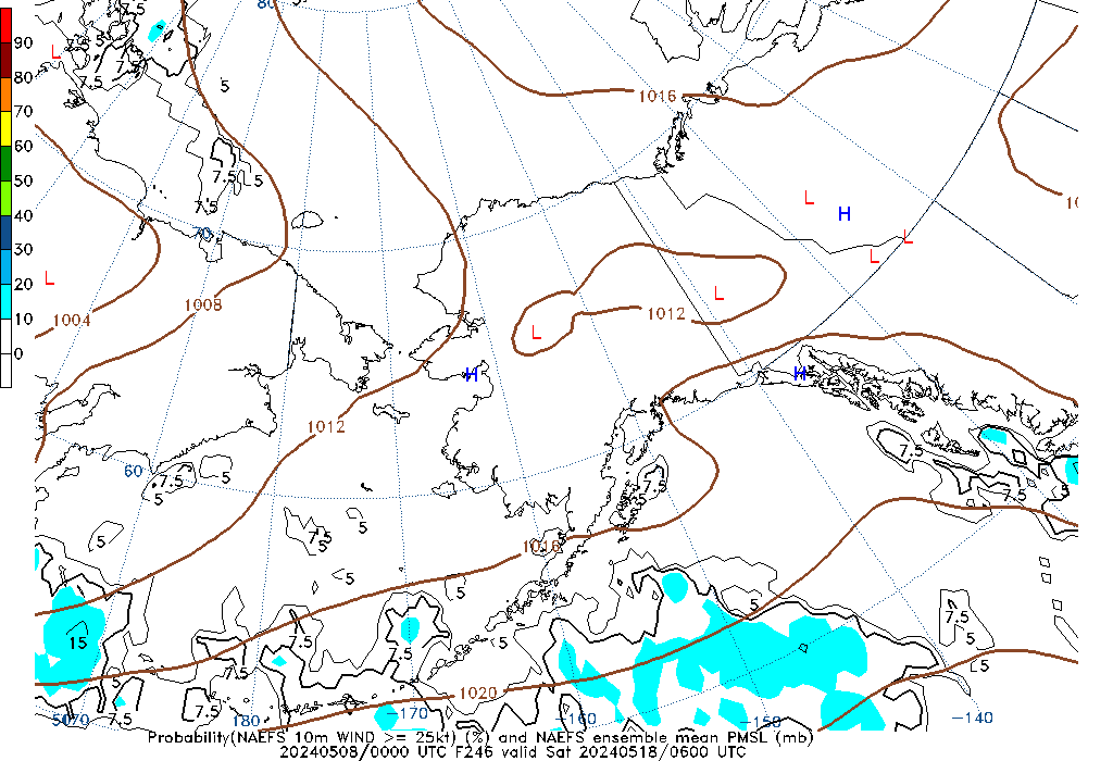 NAEFS 246 Hour Prob 10m Wind >= 25kt image