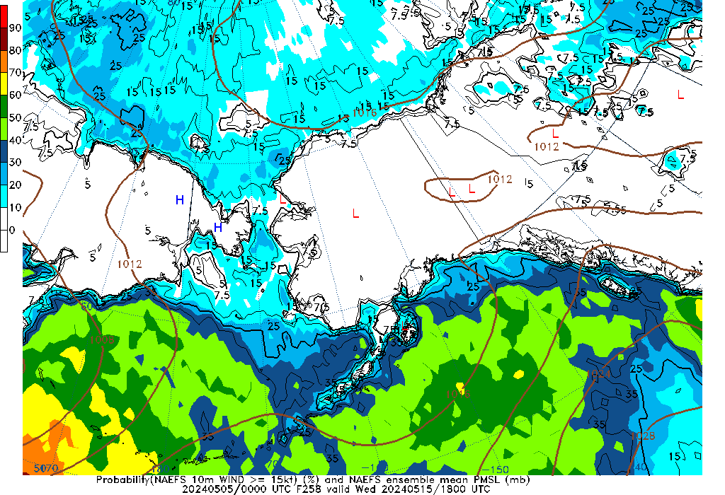NAEFS 258 Hour Prob 10m Wind >= 15kt image