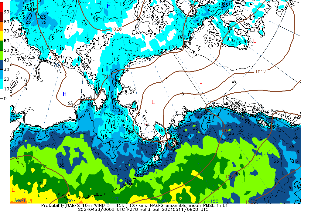NAEFS 270 Hour Prob 10m Wind >= 15kt image