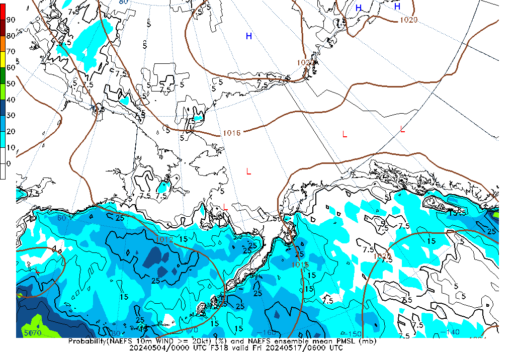 NAEFS 318 Hour Prob 10m Wind >= 20kt image