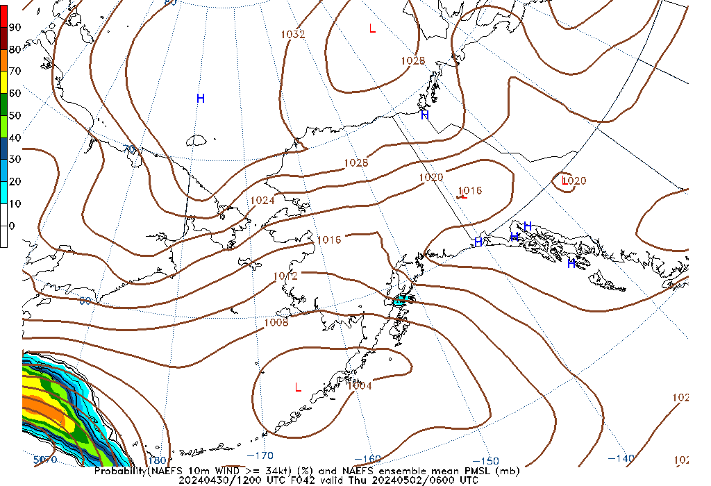 NAEFS 042 Hour Prob 10m Wind >= 34kt image