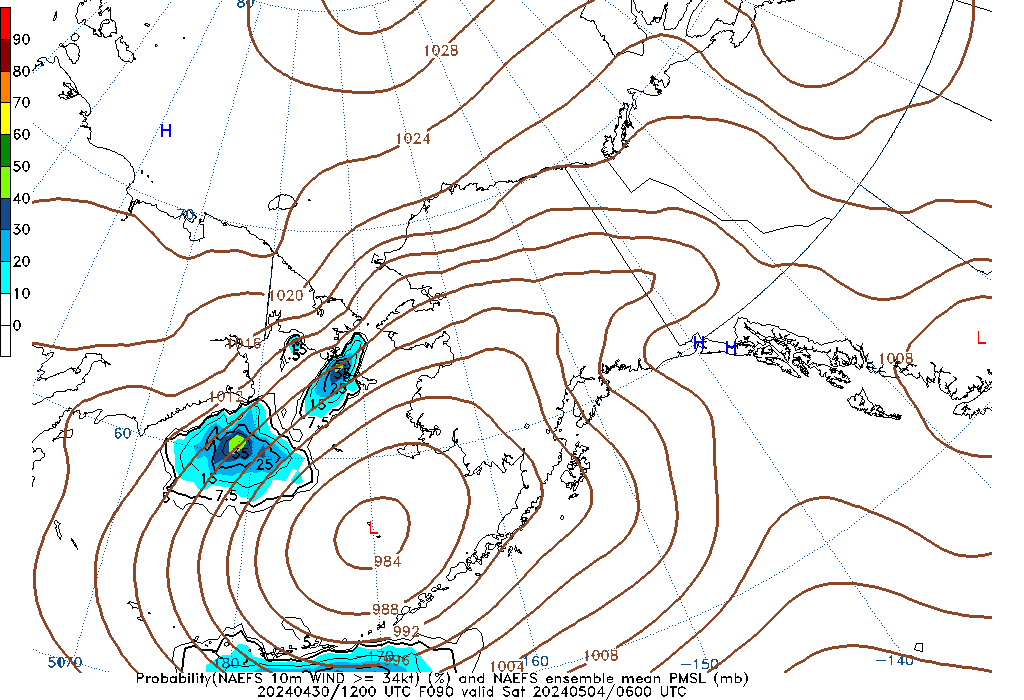 NAEFS 090 Hour Prob 10m Wind >= 34kt image