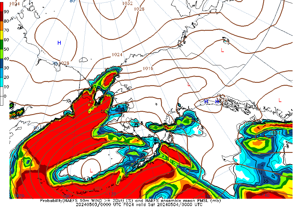 NAEFS 024 Hour Prob 10m Wind >= 20kt image